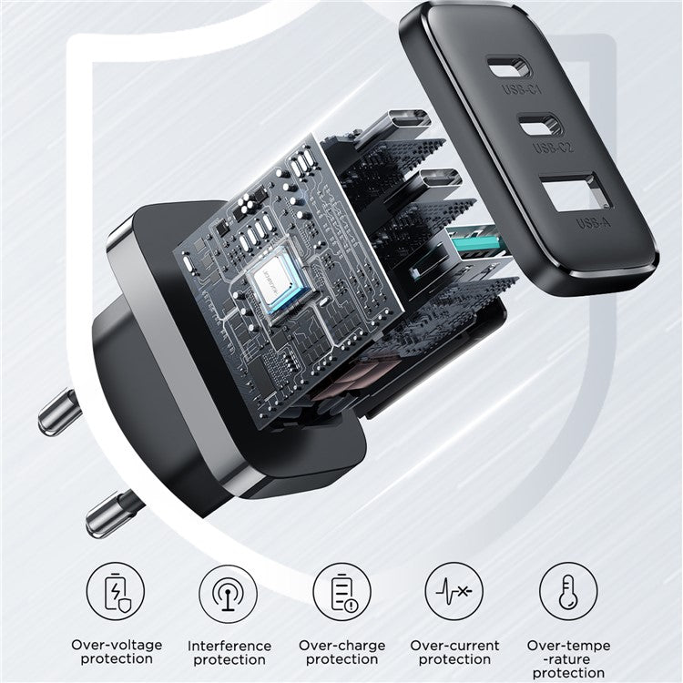 JOYROOM TCF10 32W 1 USB + 2 Type-C Fast Charging Adapter 3-port Wall Charger, EU Plug