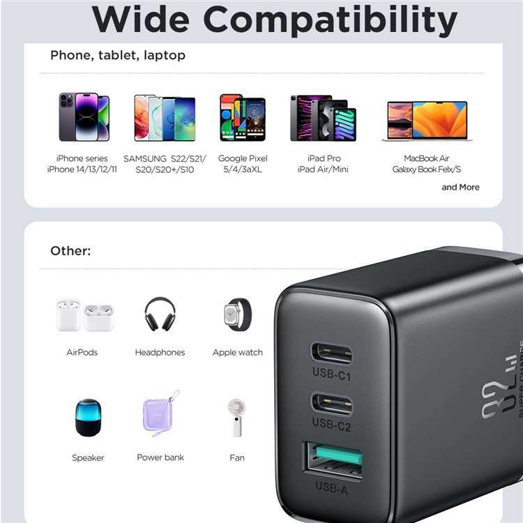 JOYROOM TCF10 32W 1 USB + 2 Type-C Fast Charging Adapter 3-port Wall Charger, EU Plug