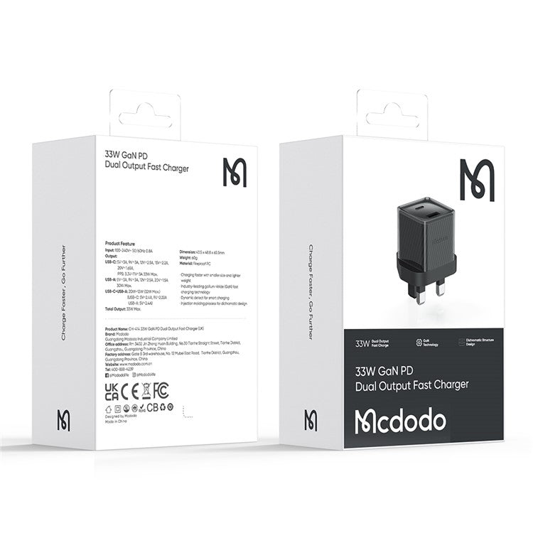 MCDODO CH-414 UK Plug 33W GaN USB+Type-C Wall Charger Fireproof PC Phone Charging Adapter - Black