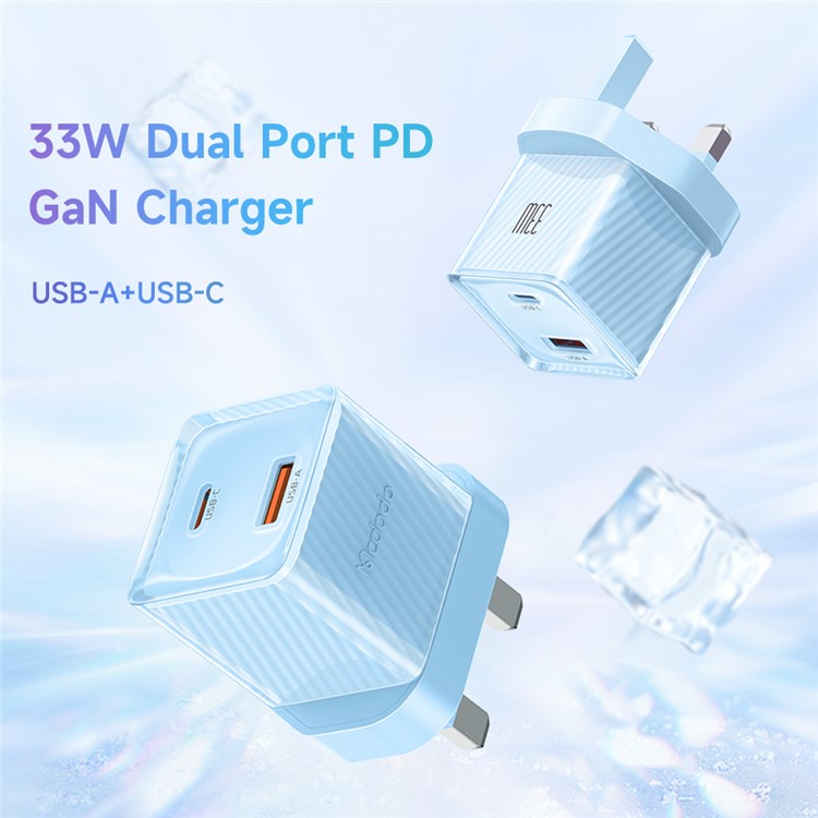MCDODO CH-414 UK Plug 33W GaN USB+Type-C Wall Charger Fireproof PC Phone Charging Adapter - Blue