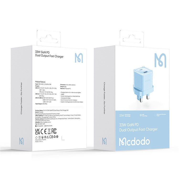 MCDODO CH-414 UK Plug 33W GaN USB+Type-C Wall Charger Fireproof PC Phone Charging Adapter - Blue