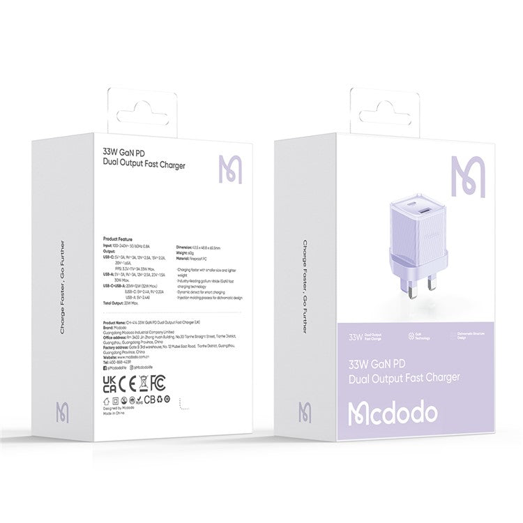 MCDODO CH-414 UK Plug 33W GaN USB+Type-C Wall Charger Fireproof PC Phone Charging Adapter - Purple