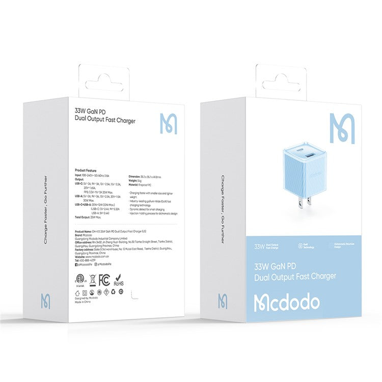 MCDODO CH-413 US Plug 33W GaN USB+Type-C Fireproof PC Wall Charger Phone Charging Adapter - Blue