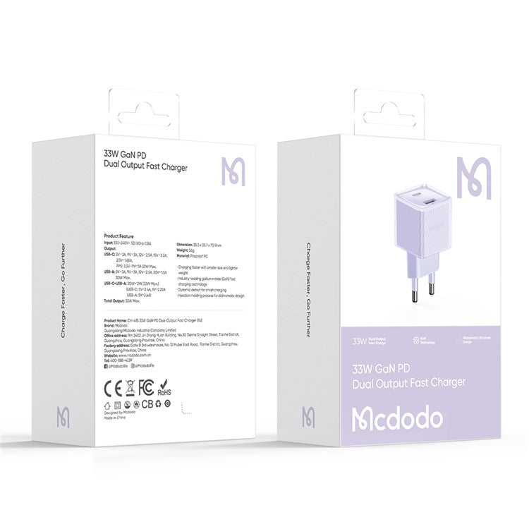 MCDODO CH-415 33W GaN USB+Type-C EU Plug Wall Charger Fireproof PC Phone Tablet Power Adapter - Purple