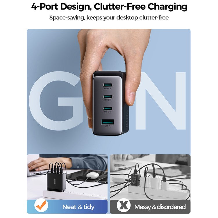 JOYROOM JR-TCG04 100W Fast Charging GaN Wall Charger with 3 Type-C+USB Multi-Port Charger Adapter, US Plug