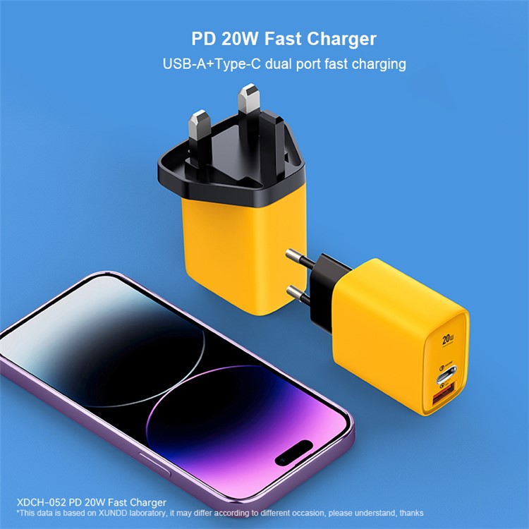 XUNDD XDCH-052 PD 20W Type-C + QC 3.0 USB Fast Charger Mini Wall Charging Block - UK Plug