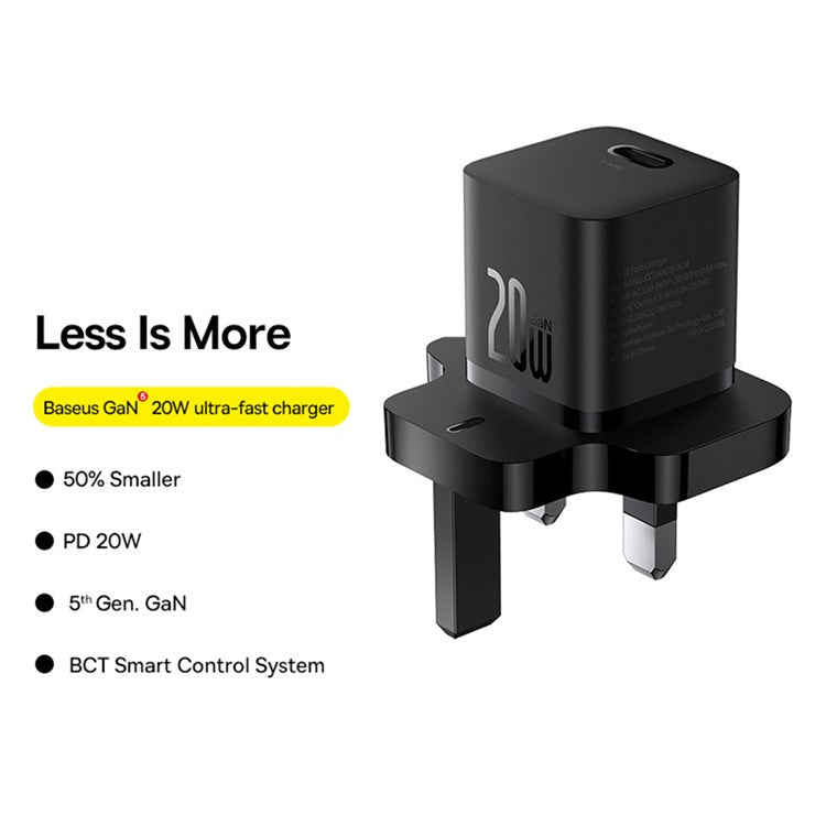 BASEUS GaN5 Mini Fast Charger Portable Type-C 20W Wall Charger Adapter, UK Plug - Black