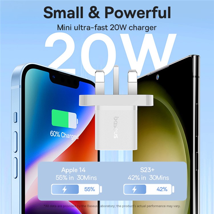 BASEUS GaN5 Mini Fast Charger Portable Type-C 20W Wall Charger Adapter, UK Plug - White