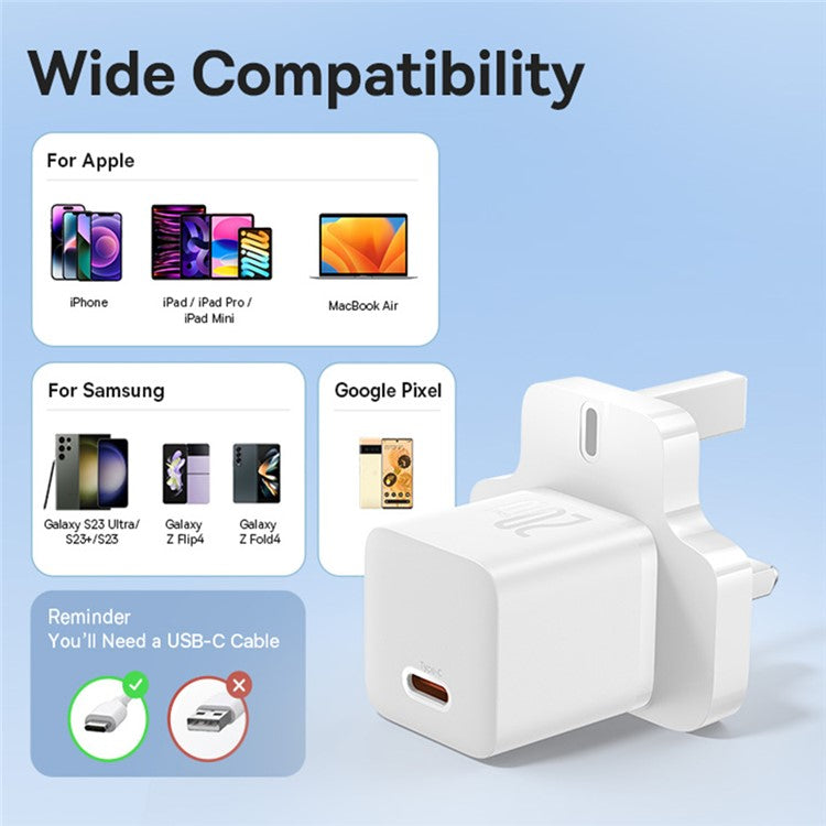 BASEUS GaN5 Mini Fast Charger Portable Type-C 20W Wall Charger Adapter, UK Plug - White