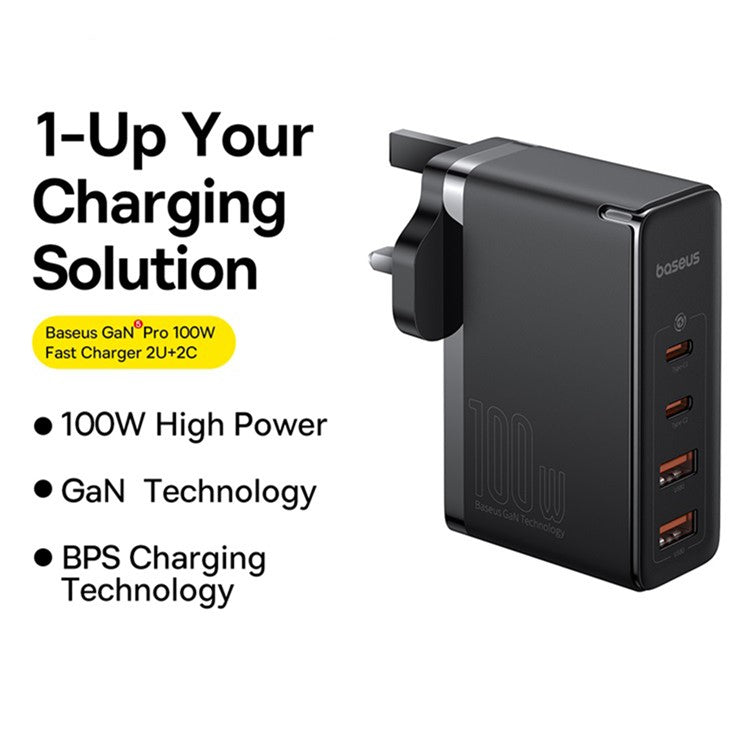 BASEUS GaN5 Pro Wall Charger UK Plug 2*Type-C+2*USB-A 100W Fast Charging Block, with 1m Type-C to Type-C Cable 100W (20V / 5A) - Black