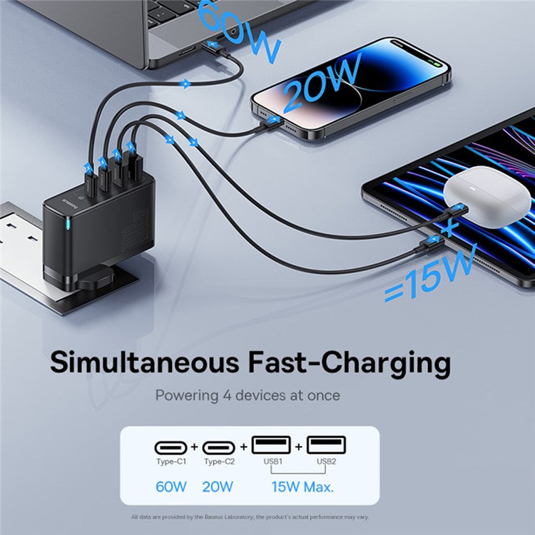 BASEUS GaN5 Pro Wall Charger UK Plug 2*Type-C+2*USB-A 100W Fast Charging Block, with 1m Type-C to Type-C Cable 100W (20V / 5A) - Black