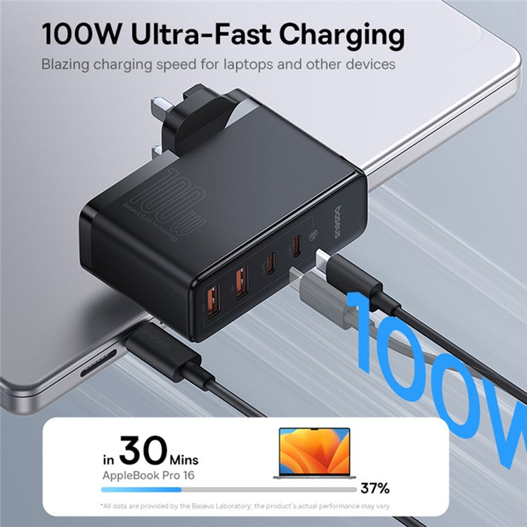 BASEUS GaN5 Pro Wall Charger UK Plug 2*Type-C+2*USB-A 100W Fast Charging Block, with 1m Type-C to Type-C Cable 100W (20V / 5A) - Black