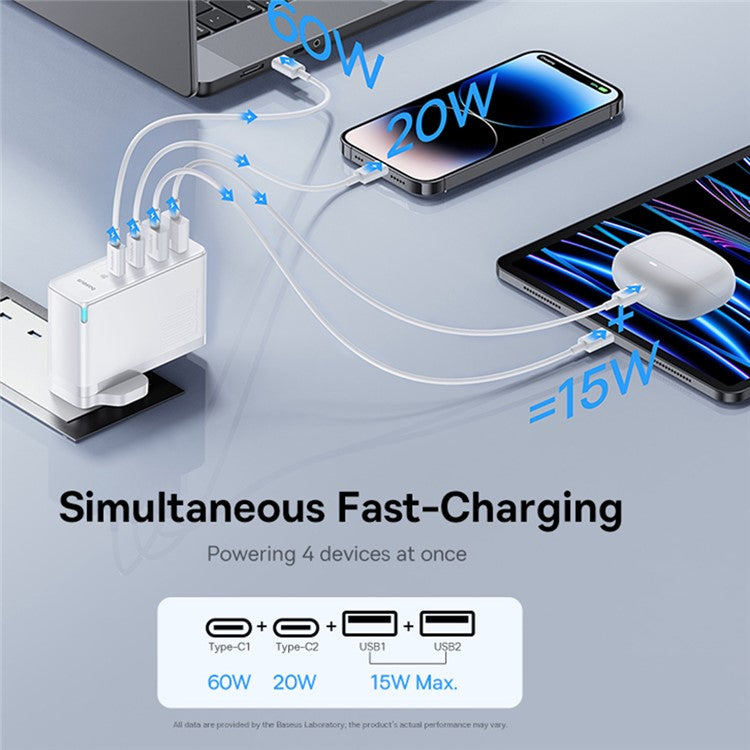 BASEUS GaN5 Pro Wall Charger UK Plug 2*Type-C+2*USB-A 100W Fast Charging Block, with 1m Type-C to Type-C Cable 100W (20V / 5A) - White