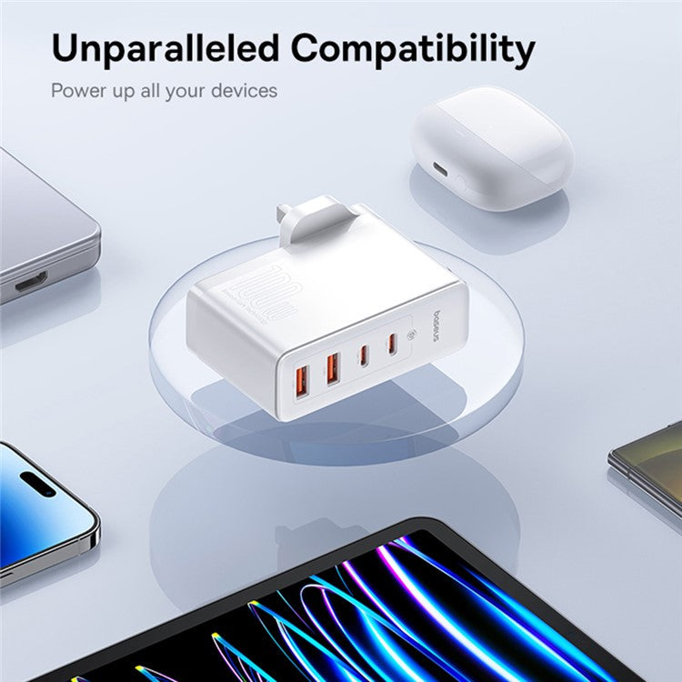 BASEUS GaN5 Pro Wall Charger UK Plug 2*Type-C+2*USB-A 100W Fast Charging Block, with 1m Type-C to Type-C Cable 100W (20V / 5A) - White