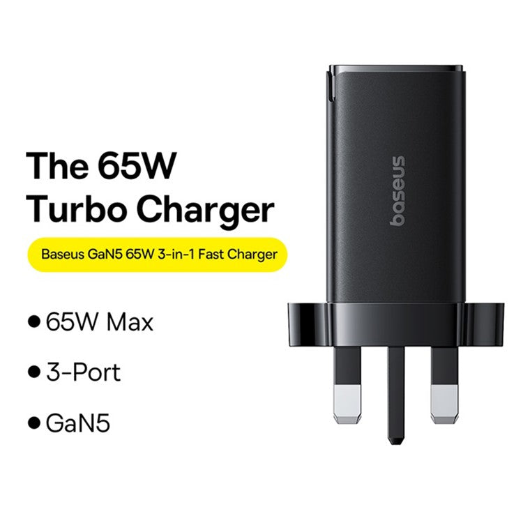 BASEUS GaN5 Pro Fast Charger 2 Type-C+USB-A 65W UK Plug Charging Adapter, with Type-C to Type-C Cable 100W (20V / 5A) 1m - Black