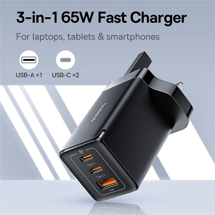 BASEUS GaN5 Pro Fast Charger 2 Type-C+USB-A 65W UK Plug Charging Adapter, with Type-C to Type-C Cable 100W (20V / 5A) 1m - Black