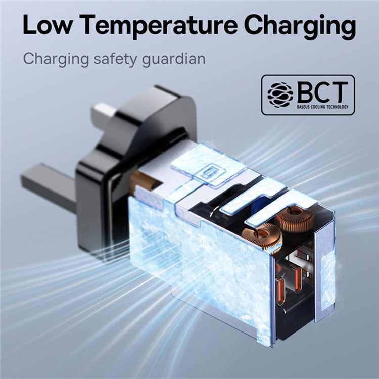 BASEUS GaN5 Pro Fast Charger 2 Type-C+USB-A 65W UK Plug Charging Adapter, with Type-C to Type-C Cable 100W (20V / 5A) 1m - Black
