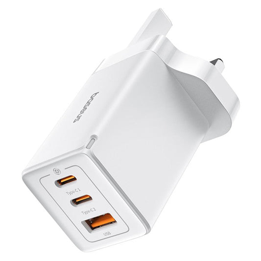 BASEUS GaN5 Pro Fast Charger 2 Type-C+USB-A 65W UK Plug Charging Adapter, with Type-C to Type-C Cable 100W (20V / 5A) 1m - White
