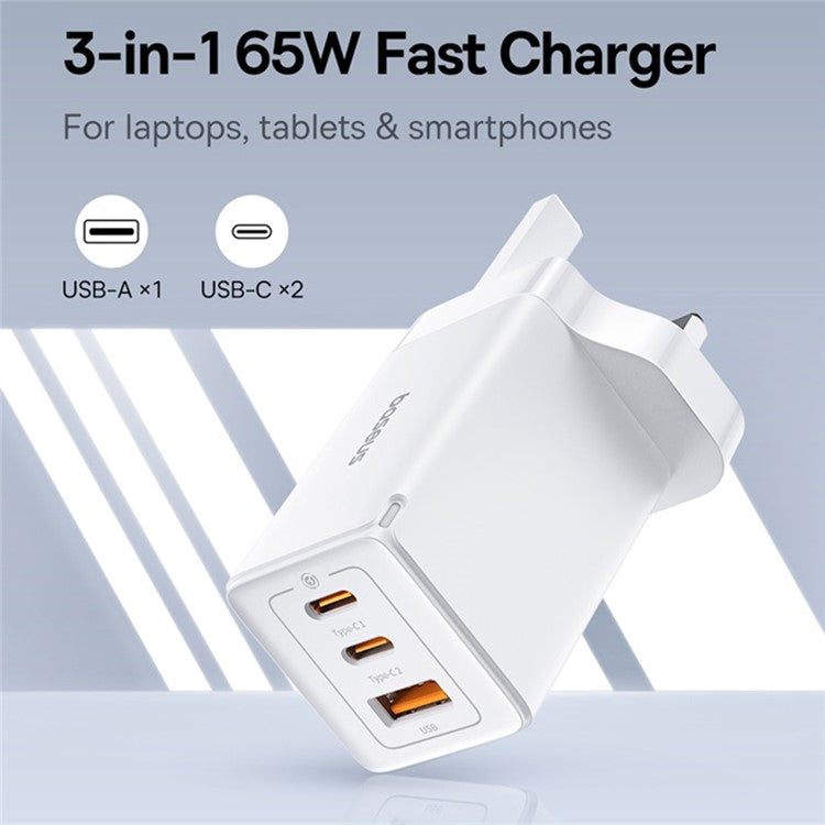BASEUS GaN5 Pro Fast Charger 2 Type-C+USB-A 65W UK Plug Charging Adapter, with Type-C to Type-C Cable 100W (20V / 5A) 1m - White