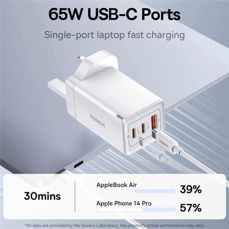 BASEUS GaN5 Pro Fast Charger 2 Type-C+USB-A 65W UK Plug Charging Adapter, with Type-C to Type-C Cable 100W (20V / 5A) 1m - White