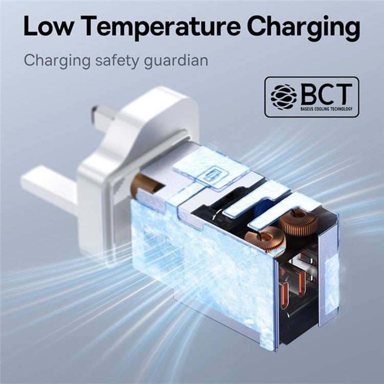 BASEUS GaN5 Pro Fast Charger 2 Type-C+USB-A 65W UK Plug Charging Adapter, with Type-C to Type-C Cable 100W (20V / 5A) 1m - White