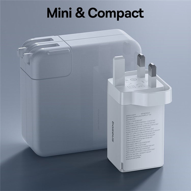 BASEUS GaN5 Pro Fast Charger 2 Type-C+USB-A 65W UK Plug Charging Adapter, with Type-C to Type-C Cable 100W (20V / 5A) 1m - White