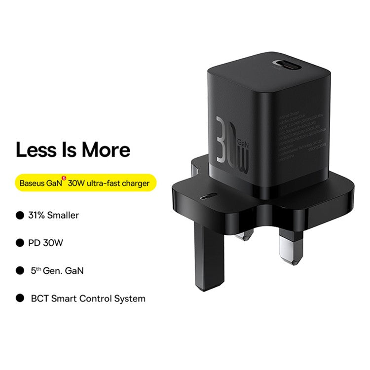 BASEUS GaN5 Fast Charging Adapter Mini Edition Type-C Single Port 30W UK Plug Wall Charger - Black