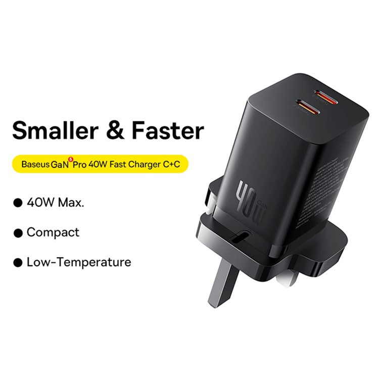 BASEUS GaN5 Pro Fast Charger Type-C + Type-C Dual Output 40W UK Plug Charging Adapter - Black