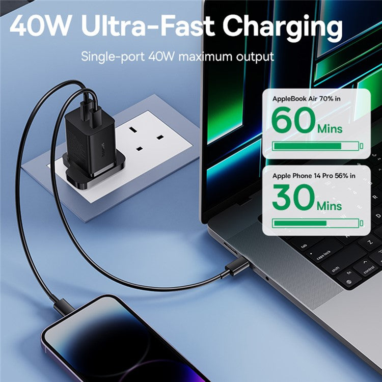 BASEUS GaN5 Pro Fast Charger Type-C + Type-C Dual Output 40W UK Plug Charging Adapter - Black