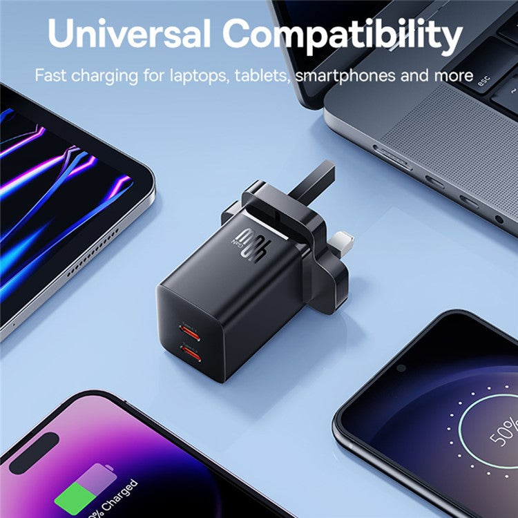 BASEUS GaN5 Pro Fast Charger Type-C + Type-C Dual Output 40W UK Plug Charging Adapter - Black