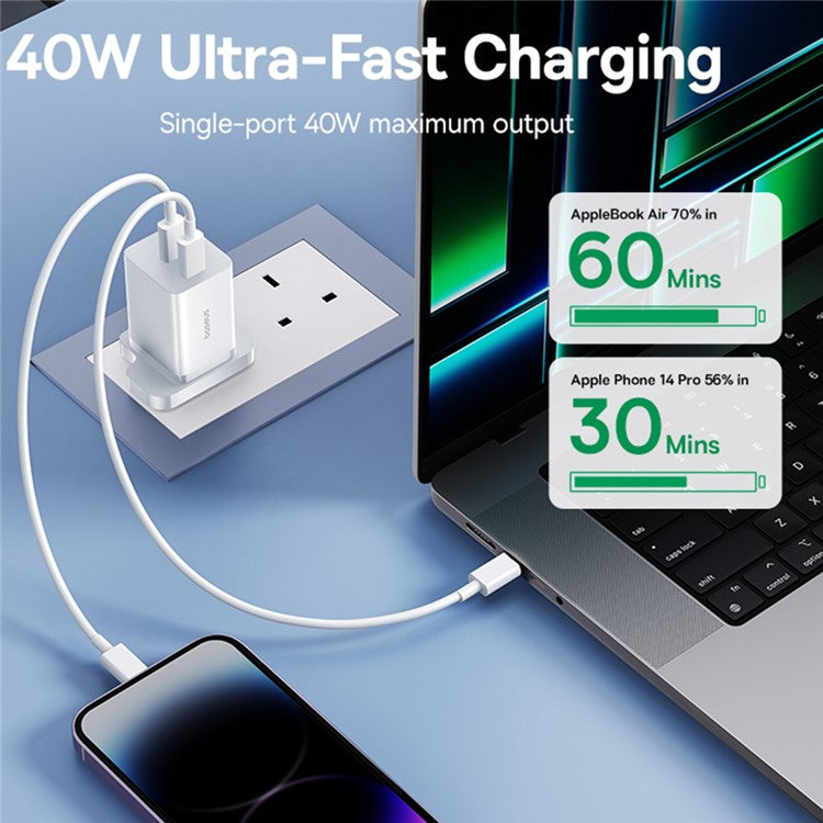 BASEUS GaN5 Pro Fast Charger Type-C + Type-C Dual Output 40W UK Plug Charging Adapter - White