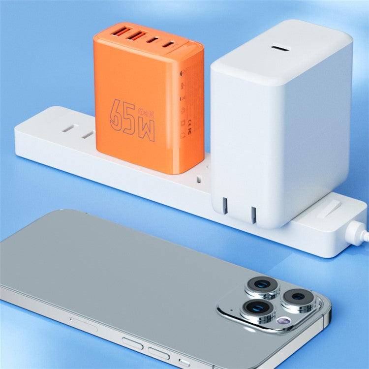 AZEADA 65W Fast Charging Adapter 2 Type-C + 2 USB Portable GaN Wall Charger - Orange / US Plug