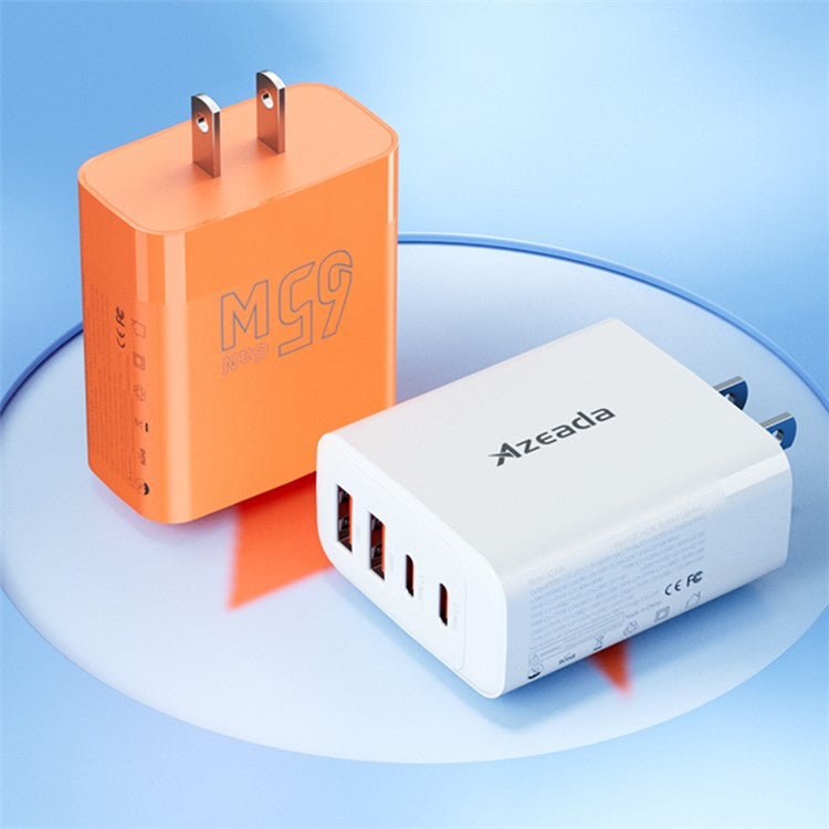 AZEADA 65W Fast Charging Adapter 2 Type-C + 2 USB Portable GaN Wall Charger - Orange / US Plug