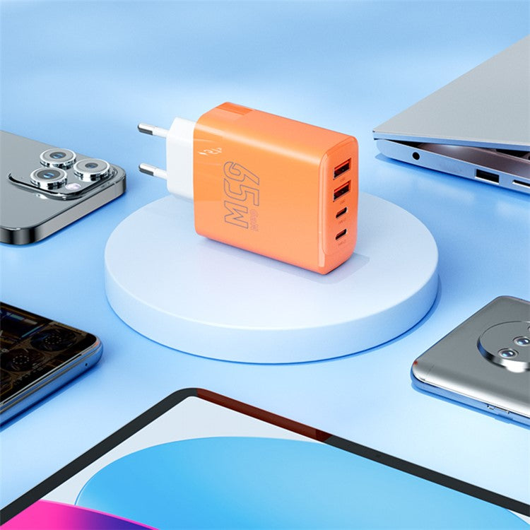 AZEADA 65W Fast Charging Adapter 2 Type-C + 2 USB Portable GaN Wall Charger - Orange / EU Plug
