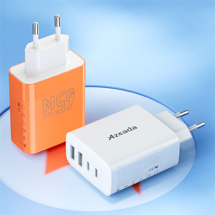 AZEADA 65W Fast Charging Adapter 2 Type-C + 2 USB Portable GaN Wall Charger - Orange / EU Plug