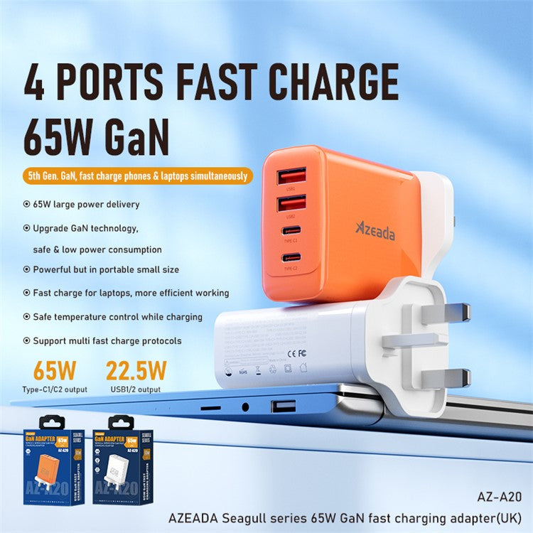 AZEADA 65W Fast Charging Adapter 2 Type-C + 2 USB Portable GaN Wall Charger - White / UK Plug
