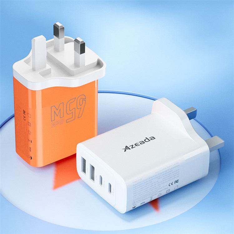 AZEADA 65W Fast Charging Adapter 2 Type-C + 2 USB Portable GaN Wall Charger - White / UK Plug