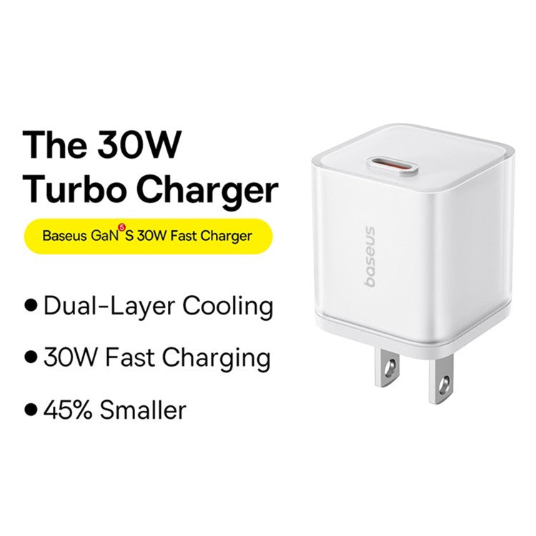 BASEUS GaN5S Fast Charger Portable Type-C 30W Wall Charger Adapter, US Plug - White