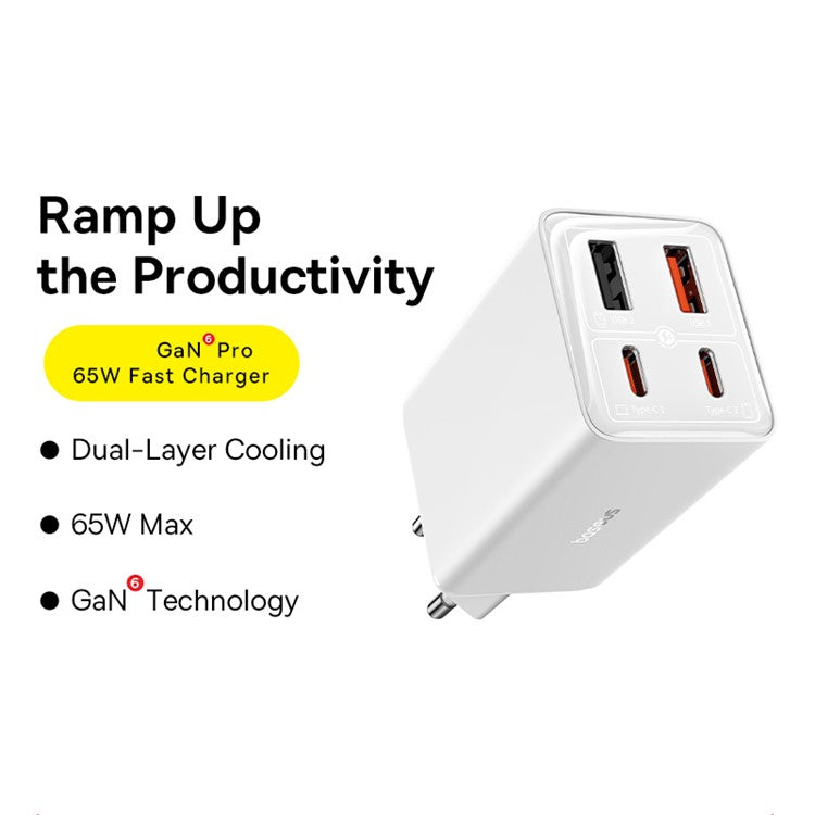 BASEUS GaN6 Pro 65W Fast Charger Adapter 2Type-C+2USB Wall Charger Block, EU Plug - White