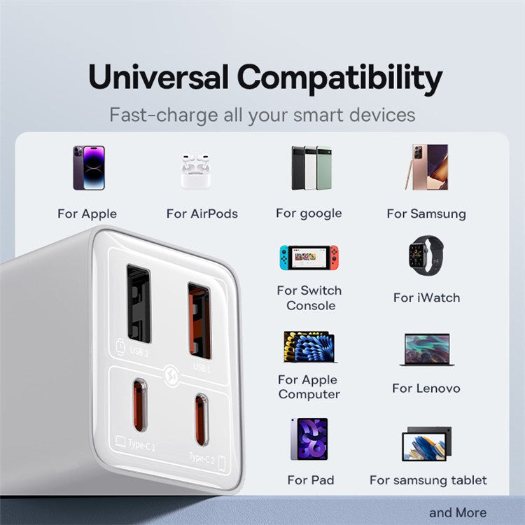 BASEUS GaN6 Pro 65W Fast Charger Adapter 2Type-C+2USB Wall Charger Block, EU Plug - White