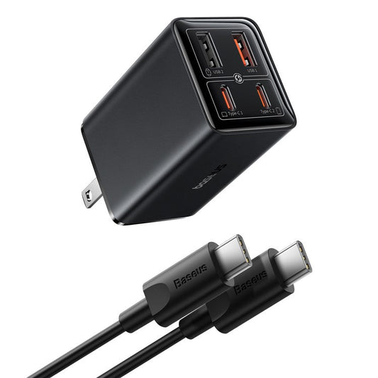 BASEUS GaN6 Pro 65W Fast Charging Adapter 2 Type-C + 2 USB Wall Charger (with Type-C to Type-C Cable), US Plug - Black