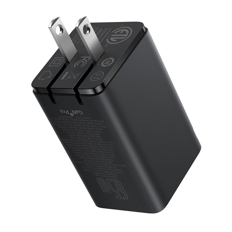 BASEUS GaN6 Pro 65W Fast Charging Adapter 2 Type-C + 2 USB Wall Charger (with Type-C to Type-C Cable), US Plug - Black