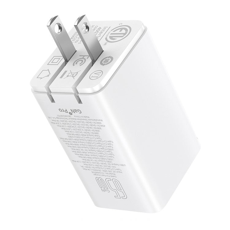 BASEUS GaN6 Pro 65W Fast Charging Adapter 2 Type-C + 2 USB Wall Charger (with Type-C to Type-C Cable), US Plug - White