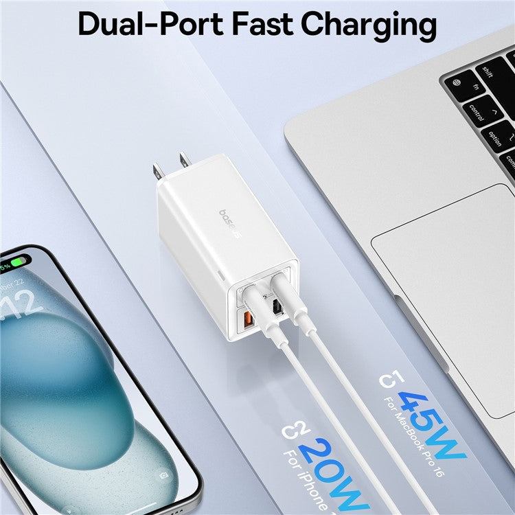 BASEUS GaN6 Pro 65W Fast Charging Adapter 2 Type-C + 2 USB Wall Charger (with Type-C to Type-C Cable), US Plug - White