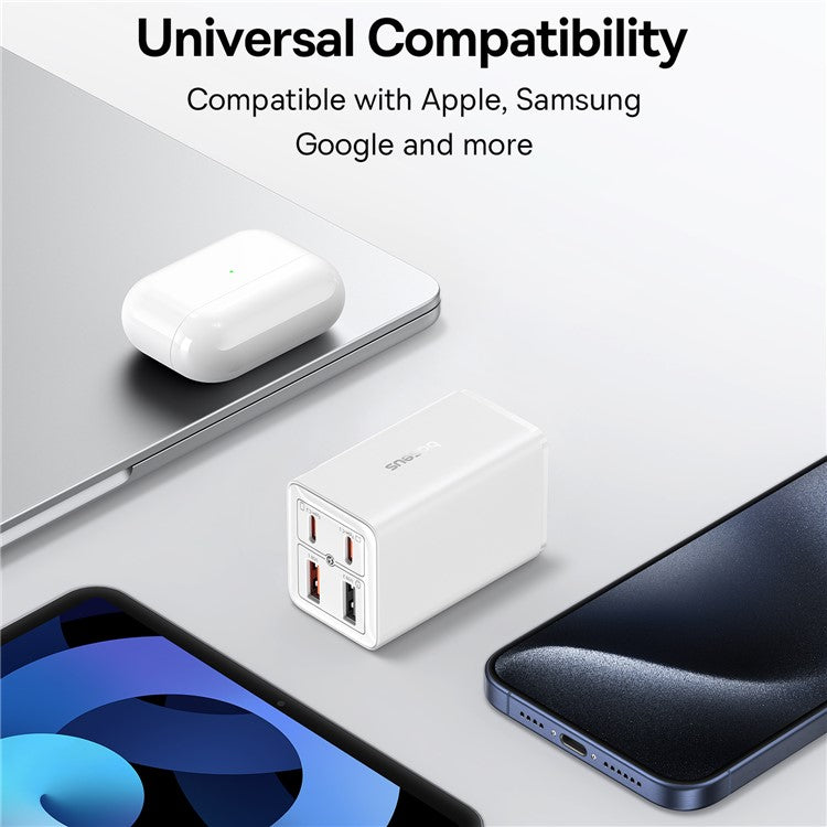 BASEUS GaN6 Pro 65W Fast Charging Adapter 2 Type-C + 2 USB Wall Charger (with Type-C to Type-C Cable), US Plug - White