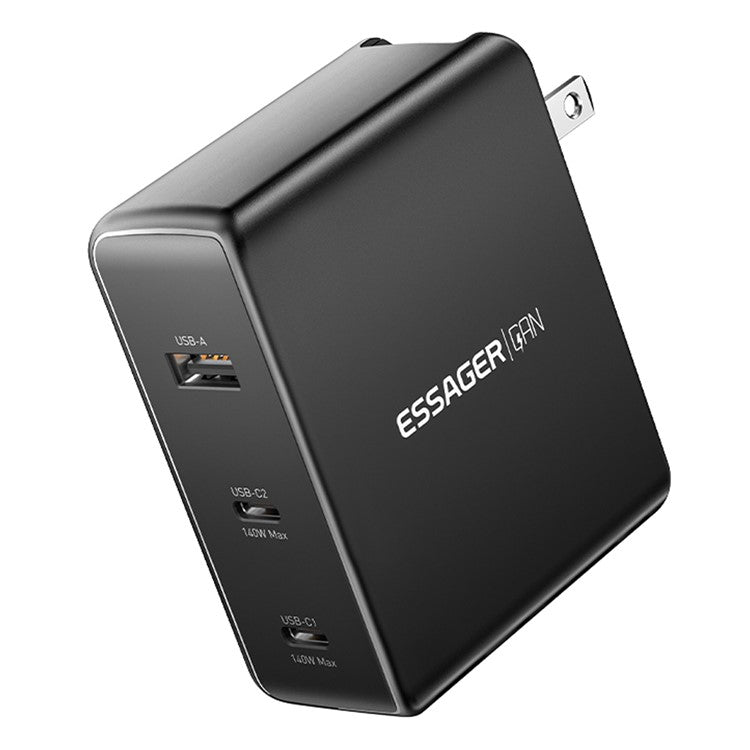 ESSAGER PST-140C2A-LB-GAN 140W GaN Charger Block 2 Type-C+USB-A Power Adapter Portable Wall Charger - Black / US Plug