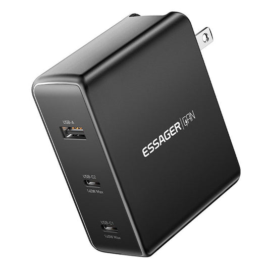 ESSAGER PST-140C2A-LB-GAN 140W GaN Charger Block 2 Type-C+USB-A Power Adapter Portable Wall Charger - Black / US Plug