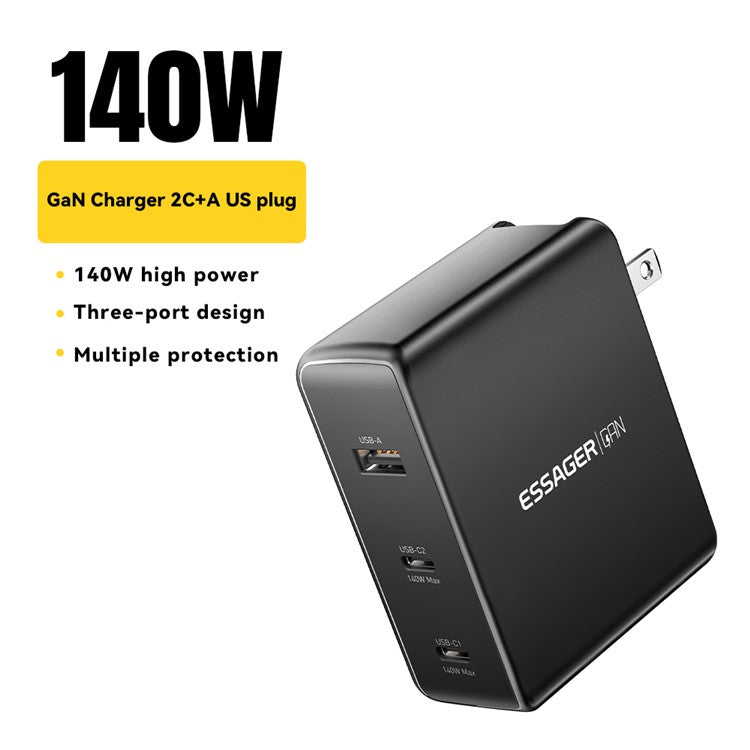 ESSAGER PST-140C2A-LB-GAN 140W GaN Charger Block 2 Type-C+USB-A Power Adapter Portable Wall Charger - Black / US Plug