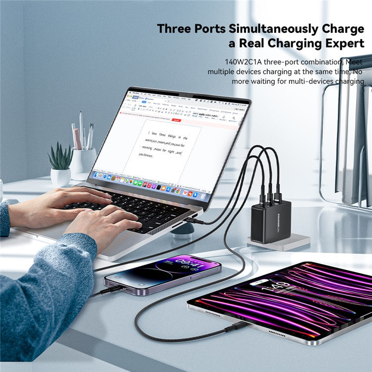 ESSAGER PST-140C2A-LB-GAN 140W GaN Charger Block 2 Type-C+USB-A Power Adapter Portable Wall Charger - Black / US Plug