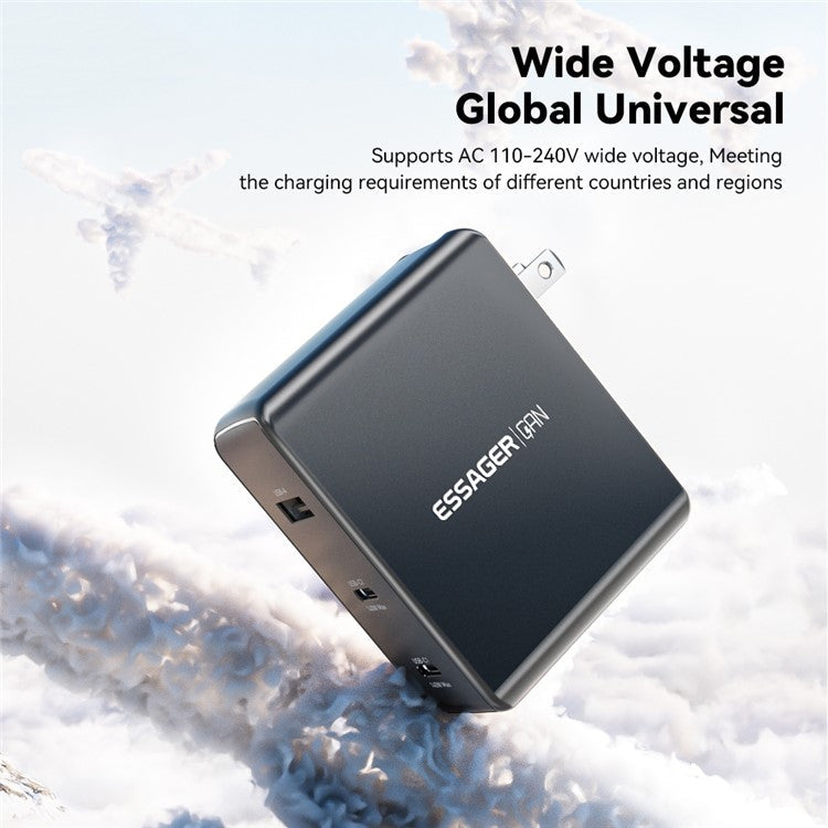 ESSAGER PST-140C2A-LB-GAN 140W GaN Charger Block 2 Type-C+USB-A Power Adapter Portable Wall Charger - Black / US Plug